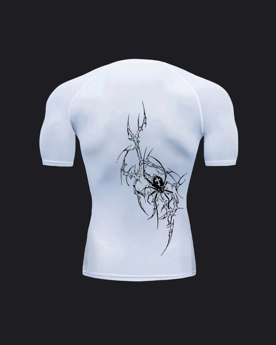 T-shirt compression Corruption blanc, vue de dos, fond anthracite