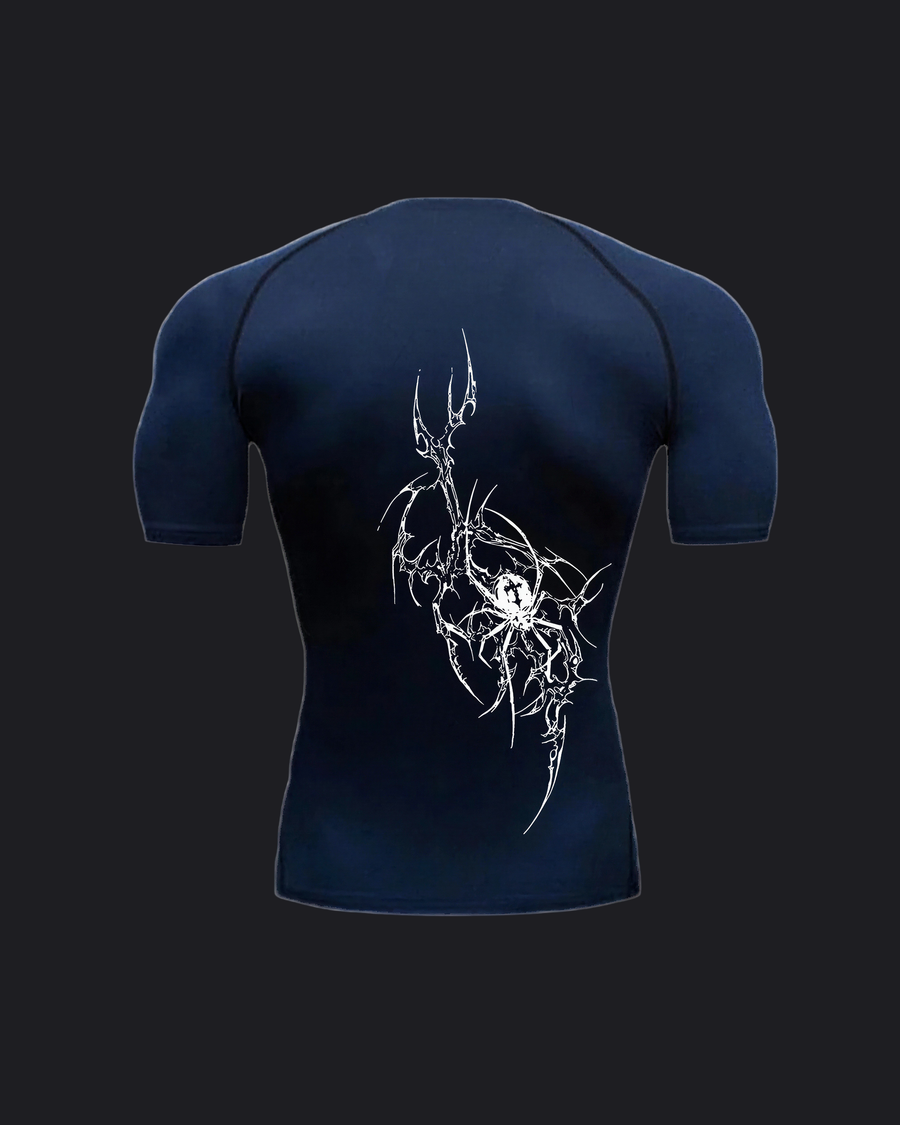 T-shirt compression Corruption bleu marine, vue de dos, fond anthracite