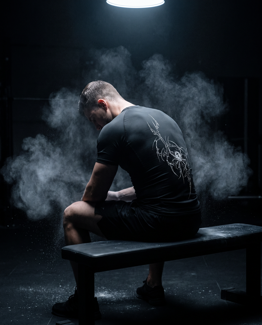 Athlète assis sur un banc, t-shirt Corruption vu de trois quarts dos, craie en suspension