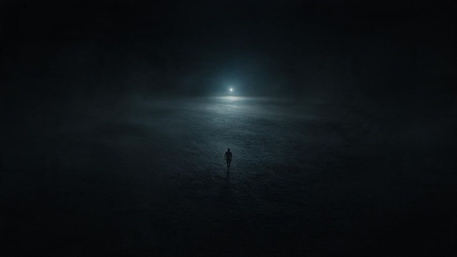 Minuscule silhouette marchant vers une lumière froide dans un espace immense